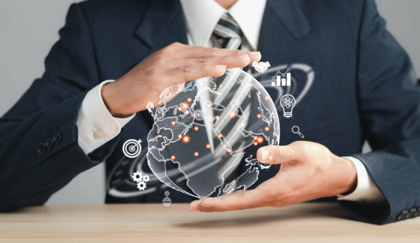 istock Big data analytics and business intelligence concept. Businessman holding Global network connection. World map point and line composition concept of global business. Digital link tech. 1458179639