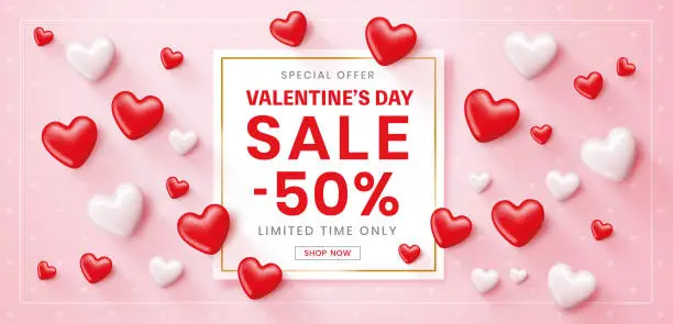 Vector illustration of Valentines Day Sale banner with white and red hearts on pink background.