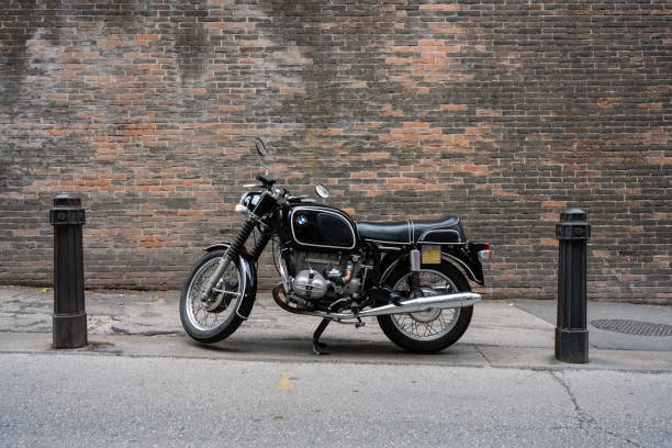 Vicenza, Italy - August 12 2022: Black Vintage BMW R 75/5, a classic 1970s Motorcycle or Motorbike