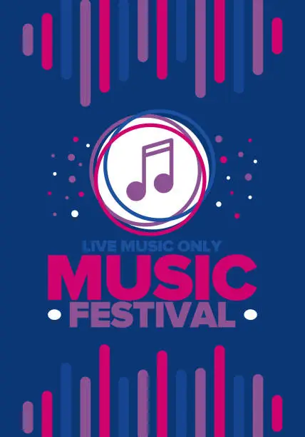 Vector illustration of Music Festival. Live music show, musical performance. Summer outdoor concert. Fun event, vacation relaxation. Music bands, many stages and big crowd with happy dancing people. Night club party. Banner design. Vector poster with illustration
