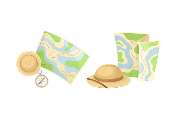 Vector illustration of Expedition Map Depicting Geography and Route of Tourist Journey with Compass and Hat Vector Set
