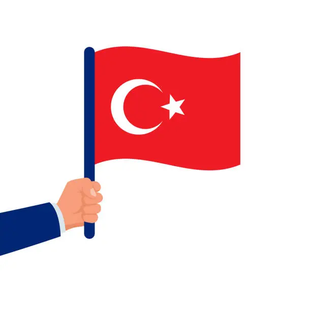 Vector illustration of Turkey flag in hand. The patriot holds the national flag in hand.