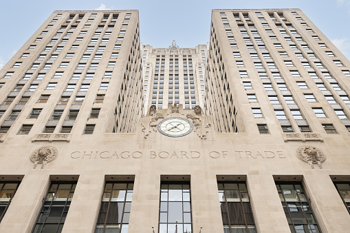 Chicago, IL, USA - July 1, 2022: The historic Chicago Board of Trade was built in 1848 and located in the financial district of downtown Chicago.