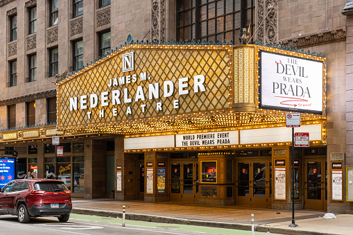 Chicago, IL, USA - July 1, 2022: James M. Nederlander Theater is located in the Loop area of Chicago, previously known as the Oriental Theatre.