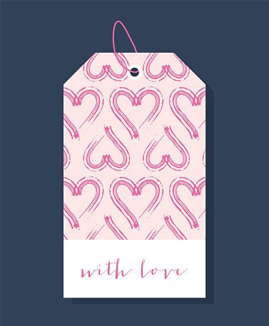 Hand drawn vector Valentine’s Day gift tag. Love and romance tag isolated on dark background. Romantic label for decorative design. Template for holidays and wedding designs.