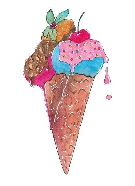 istock ice cream in different color cone with mint and raspberry sketch watercolor 1458198640