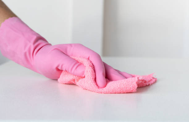 istock a hand in a pink glove wipes the surface with pink microfibe 1458198677