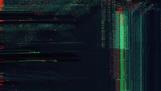 Abstract futuristic green and red digital glitch overlay on black background. Distorted sci-fi cyberpunk concept illustration for HUD and virtual reality screen design motion graphics as backdrop.