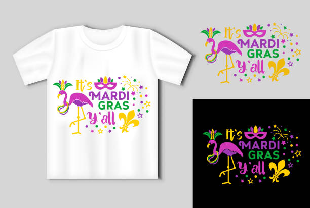 ilustrações de stock, clip art, desenhos animados e ícones de mardi gras y all. vector lettering for t shirt, poster, card. mardi gras concept with t-shirt mockup - mardi gras new orleans feather mask