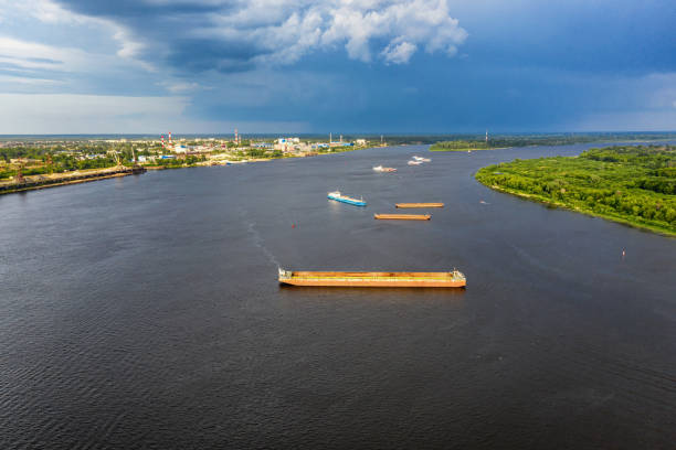 Nizhniy Novgorod. A barge on the Volga River. Aerial view. stock photo