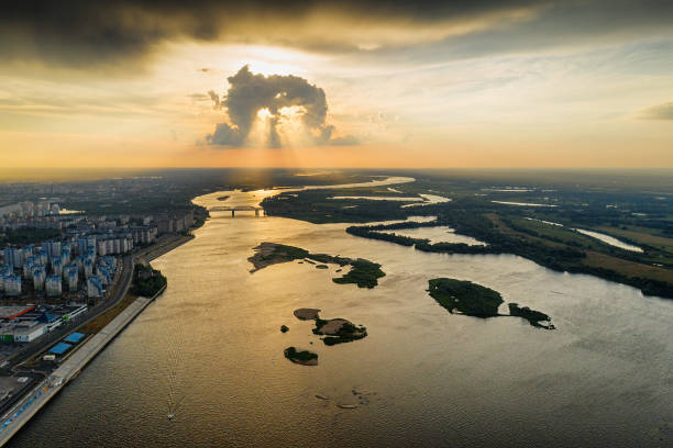 Nizhniy Novgorod. The Volga River at sunset. Aerial view. stock photo