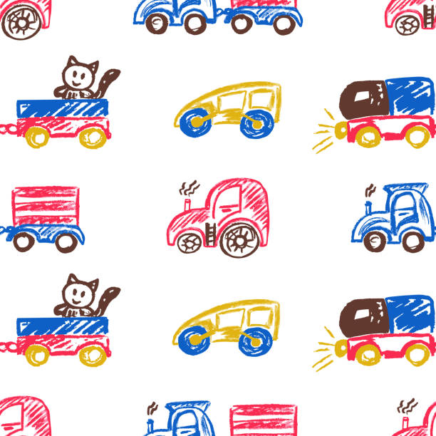 illustrazioni stock, clip art, cartoni animati e icone di tendenza di modello senza cuciture. disegni per bambini con pastelli a cera - truck grunge drawing illustration and painting