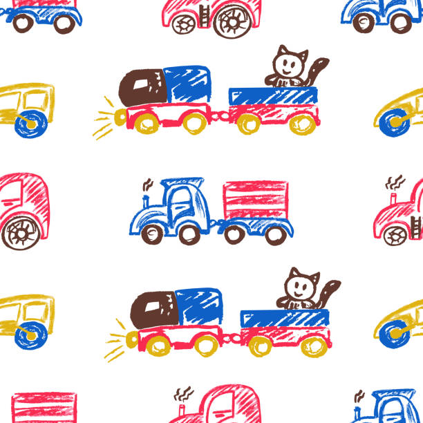 illustrazioni stock, clip art, cartoni animati e icone di tendenza di modello senza cuciture. disegni per bambini con pastelli a cera - truck grunge drawing illustration and painting