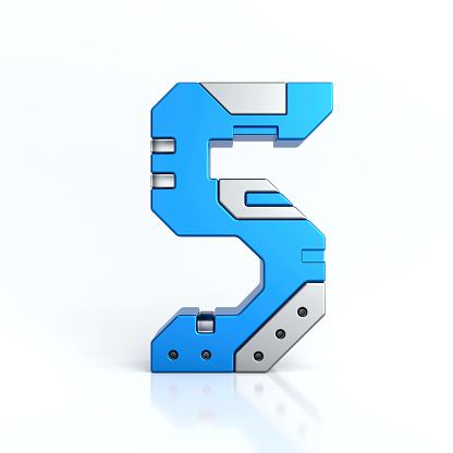 Number five 3D sci-fi logo. Cyber technology abstract texture alphabet font. Hi tech metallic number 5 typography character design illustration, blue silver metal text, 3d rendering
