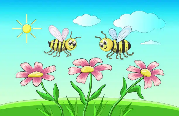 Vector illustration of Landscape. Two bright yellow bees, a boy and a girl, are smiling sweetly, flying and circling over a meadow with flowers against a background of blue sky. Insects and cartoons. Vector illustration.