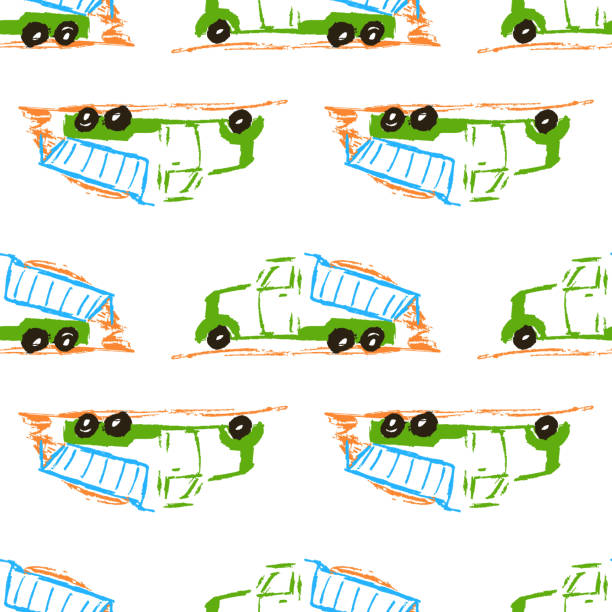 illustrazioni stock, clip art, cartoni animati e icone di tendenza di modello senza cuciture. disegni per bambini con pastelli a cera - truck grunge drawing illustration and painting