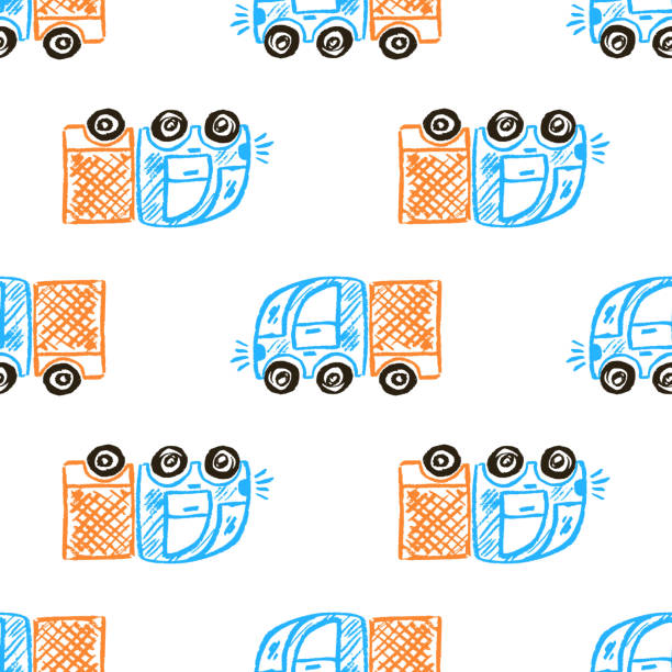 illustrazioni stock, clip art, cartoni animati e icone di tendenza di modello senza cuciture. disegni per bambini con pastelli a cera - truck grunge drawing illustration and painting