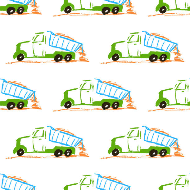 illustrazioni stock, clip art, cartoni animati e icone di tendenza di modello senza cuciture. disegni per bambini con pastelli a cera - truck grunge drawing illustration and painting