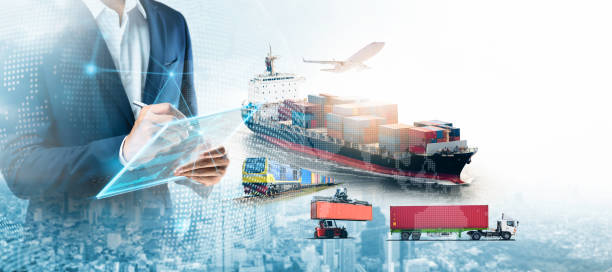 istock Business and technology digital future of cargo containers logistics transportation import export concept, Engineer using tablet online tracking control delivery distribution on world map background 1458215098