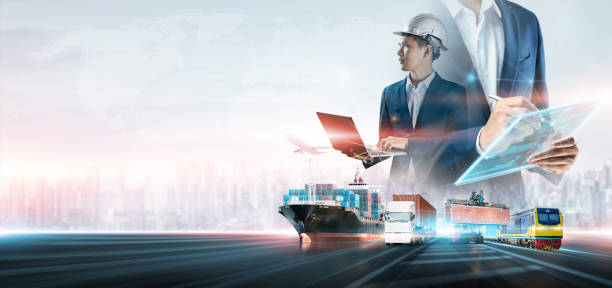 istock Business and technology digital future of cargo containers logistics transportation import export concept, Engineer using laptop online tracking control delivery distribution on world map background 1458215465