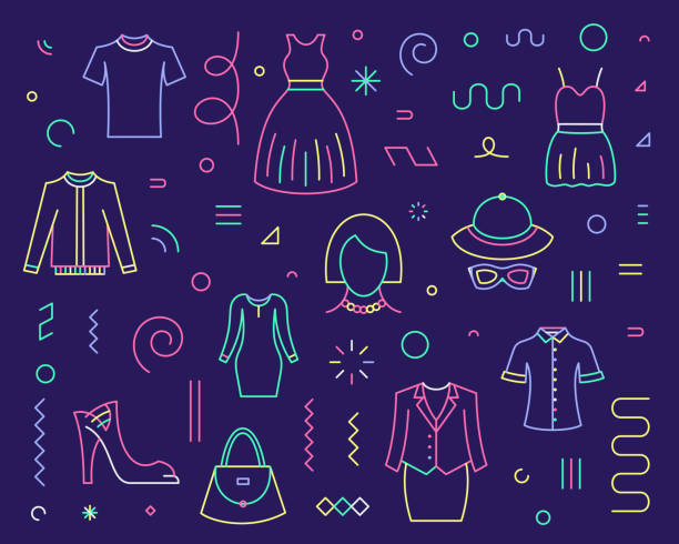 Line Icon Set & Pattern for Haute Couture Fashion Haute couture fashion concept line icon set can fit various design projects. Modern and multi colored line vector illustration featuring the object drawn in liquid style. It's also easy to change the stroke width and edit the color. haute couture stock illustrations