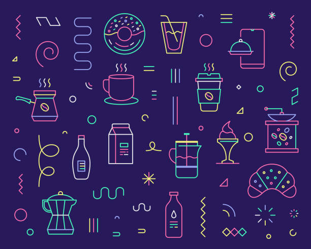 ilustrações de stock, clip art, desenhos animados e ícones de line icon set & pattern for coffee & tea shop - coffee cup isolated cappuccino multi colored