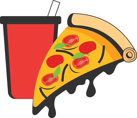 hot and freshly baked pizzeria piece vector icon design, Fast Food symbol, Junk food sign, popular inexpensive good taste snacks stock illustration, Pizza Slice with Melting Cheese concept
