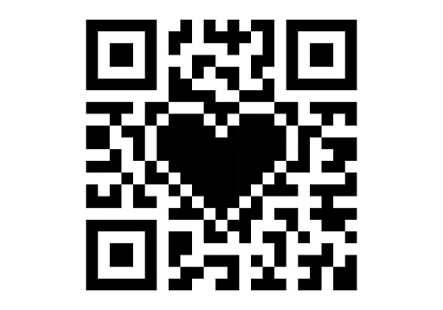 Qr code with heart isolated on white background. Pixelated qr code monochrome icon for St. Valentines day, link, wedding card, cardiology logo, game icon, web design and other use. Vector illustration