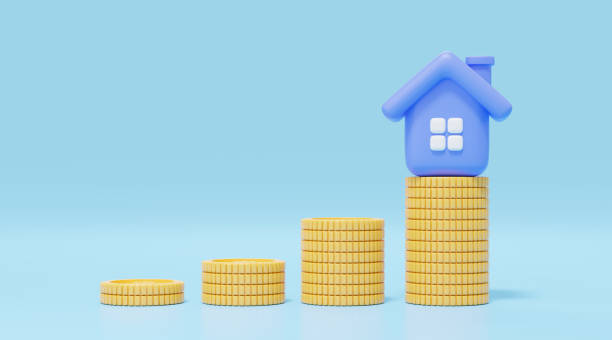 istock 3d blue house on gold coins stack on blue background. Home model with windows, door icon. Business financial investment growth concept. Mockup cartoon minimal smooth style. 3d render clipping path. 1458217867