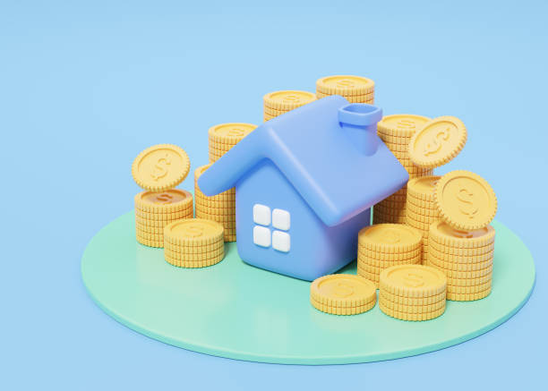istock 3d Gold coins falling into stack and house on blue background. Blue home model icon on green pedestal. Financial investment growth concept. Mockup cartoon icon minimal style. 3d render illustration. 1458217876