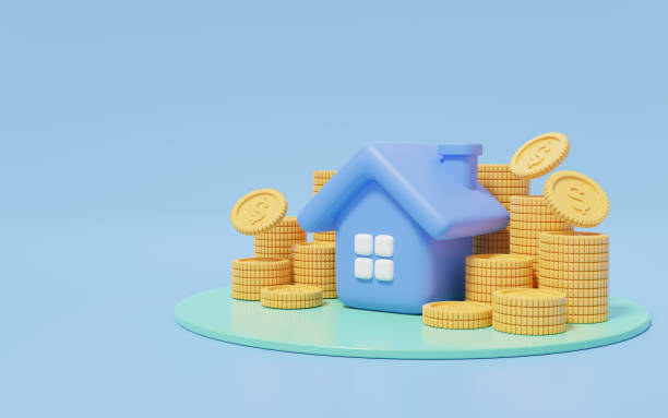 3d Gold coins falling into stack and house on blue background. Blue home model icon on green pedestal. Financial investment growth concept. Mockup cartoon icon minimal style. 3d render illustration.