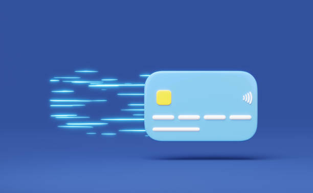 istock 3D Virtual credit card with neon lines mockup floating isolated on blue background. Fast Online payment. Digital marketing. E commerce. Withdraw money. Easy shopping. 3d cartoon render. clipping path. 1458217888