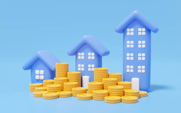 istock 3d blue house with gold coins stack on blue background. Mockup arrow home, building, condo. Business financial investment growth concept. cartoon icon minimal smooth style. 3d render clipping path. 1458217909
