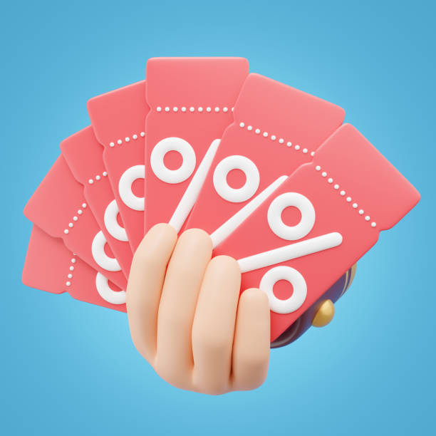 Use coupon shopping online. 3D Hand holding a fan of discount price tag float isolated on blue. Special time, Flash sale, Limited promotion offer concept. Cartoon icon smooth. 3d render. Clipping path use cupones de compras en línea. mano 3d sosteniendo un abanico de etiqueta de precio de descuento flotando aislado en azul. tiempo especial, venta flash, concepto de oferta de promoción limitada. icono de dibujos animados suave. renderizado 3d. trazado