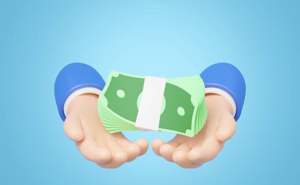 Bundle banknote float in hand isolated blue background. Business man hold cash money icon. Mobile banking, cashback, refund, loan concept. Saving money wealth. 3d render cartoon smooth. clipping path. paquete de billetes flotantes en fondo azul aislado de la mano. hombre de negocios sostén el ícono de dinero en efectivo. banca móvil, devolución de dinero, reembolso, concepto de préstamo. ahorro de dinero riqueza. 3d render dibujos animados suaves.