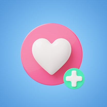 3d heal icon. Red heart with green plus symbol isolated on blue background. Add favorites, bookmark, medical healthcare, healthy lifestyle symbol concept. Cartoon icon smooth. 3d render. Clipping path
