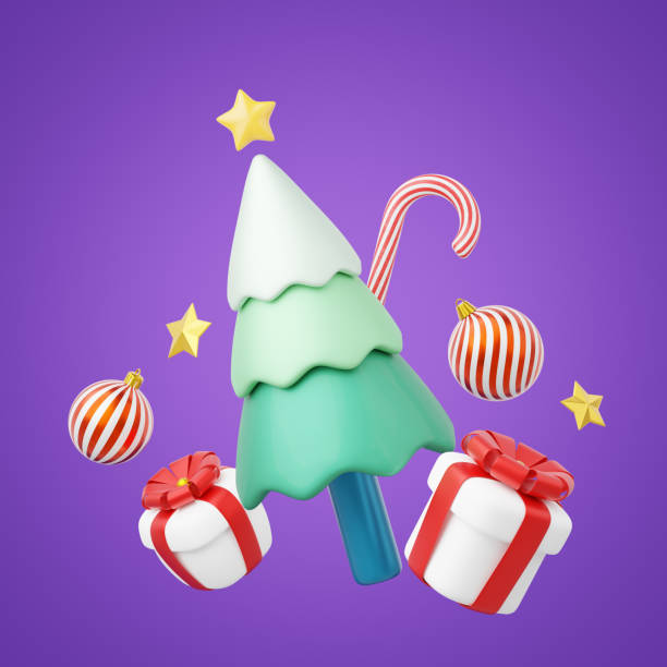 istock 3d Christmas tree with gift boxes, star, ball, candy cane. Elements of Merry Christmas banner. Special discounts, promotion of marketing concept. Holiday icon cartoon smooth. 3d render. Clipping path. 1458218558