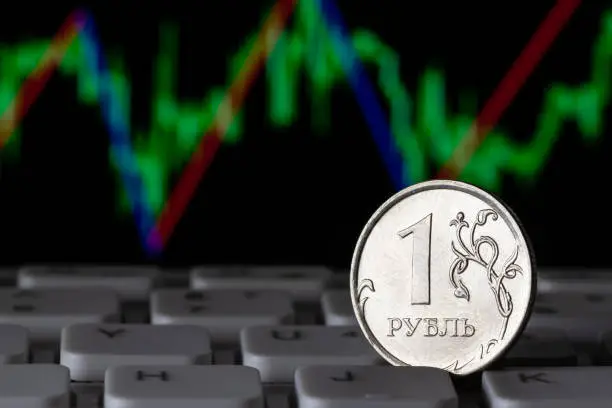 Photo of Coin of 1 Russian ruble denomination against the background of stock data chart