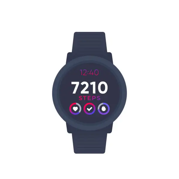 Vector illustration of Smart watch with fitness app, activity tracker and step counter, vector