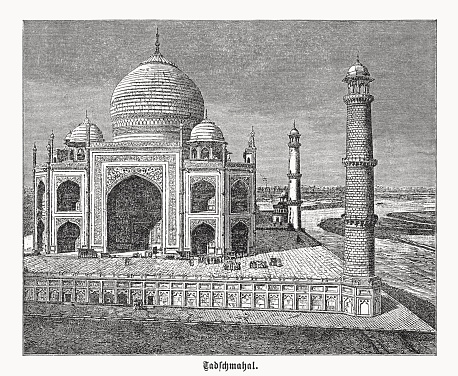 Historical view of Taj Mahal in Agra, Uttar Pradesh, India. The Muslim great Mughal Shah Jahan had the building built in memory of his great love Mumtaz Mahal, who died in 1631. The Taj Mahal was inscribed on the UNESCO World Heritage List in 1983. Wood engraving, published in 1899.