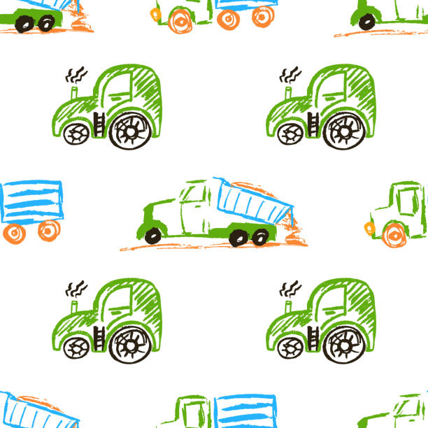 illustrazioni stock, clip art, cartoni animati e icone di tendenza di modello senza cuciture. disegni per bambini con pastelli a cera - truck grunge drawing illustration and painting