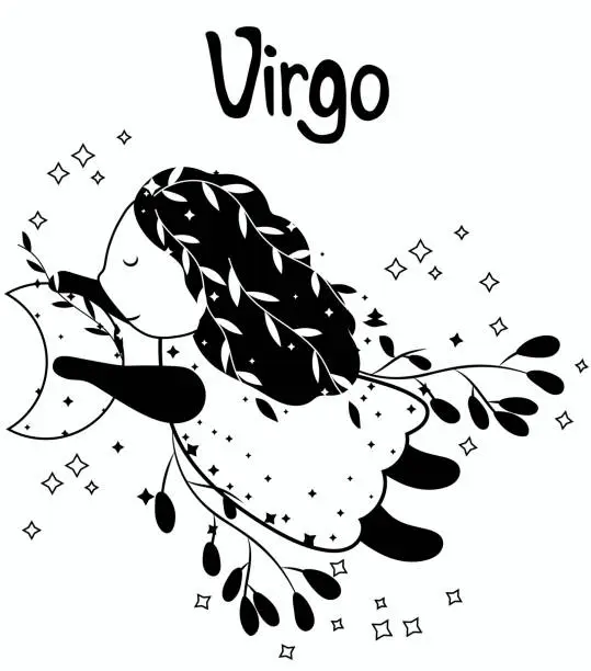 Vector illustration of Black and white Virgo astrological sign. Cute Zodiac sign with colorful leaves and stars around. Cute Virgo perfect for posters, logo, cards. Vector illustration.