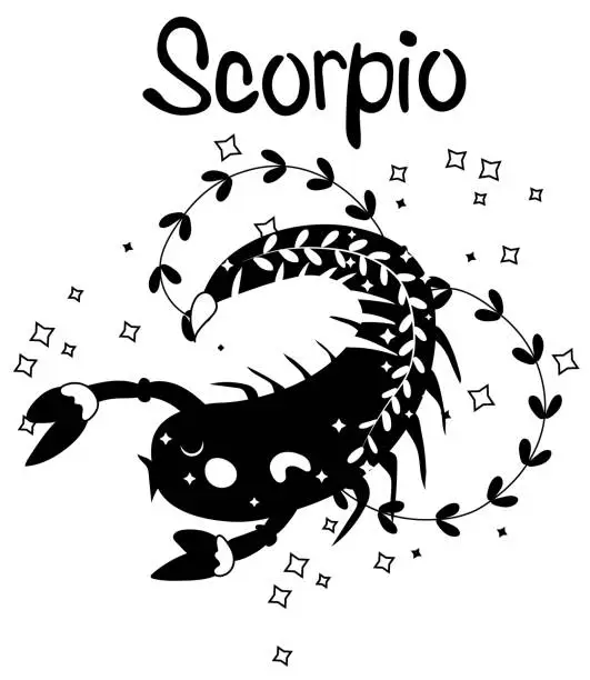 Vector illustration of Black and white Scorpio astrological sign. Funny Zodiac sign with colorful leaves and stars around. Scorpio perfect for posters, logo, cards. Vector illustration.