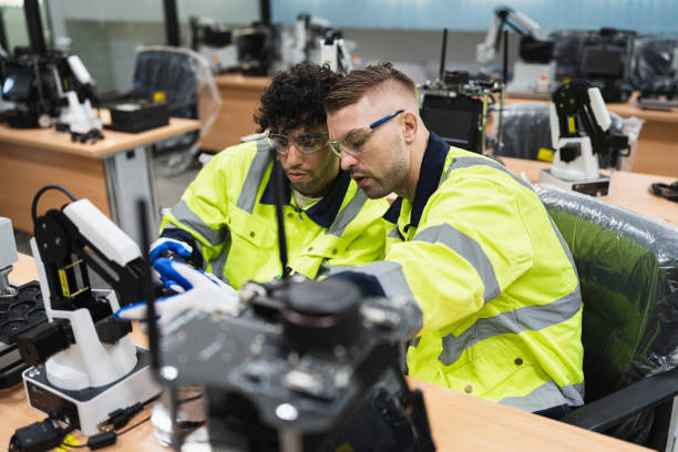 istock Two caucasian engineer man learning control and repair arm robot in class 1458224986