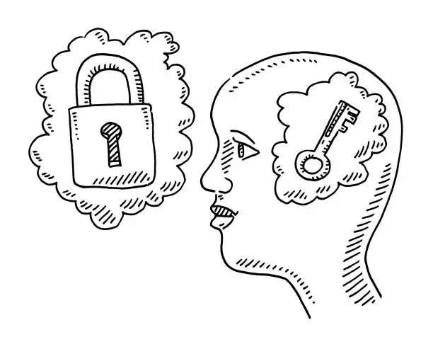 Vector illustration of Thinking Person Key And Padlock Concept Drawing