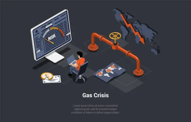 Vector illustration of Natural Gas Crisis, Embargo, Default, Economy Crisis, Bankruptcy. Trader Gas Price Analyst, Buy And Sell Natural Gas Futures At Stock Market With Low Risk Management. Isometric 3D Vector illustration