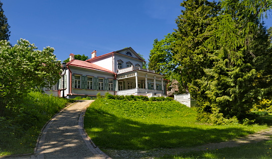 Abramtsevo. Russia. June 09, 2022. View of the main estate of the Russian industrialist and philanthropist Savva Mamontov in the open-air museum in the village of Abramtsevo.