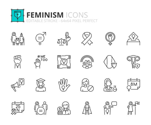 Simple set of outline icons  about feminism. Line icons  about feminism. Contains such icons as gender equality, women's rights and girl power. Editable stroke Vector 64x64 pixel perfect civil rights leader stock illustrations