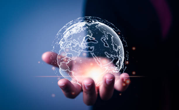 Business Woman hand with virtual world Earth map and collaboration network connection together, stock photo