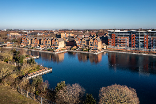 An aerial landscape of luxury waterfront homes and apartments in the lakeside area of the city of Doncaster
